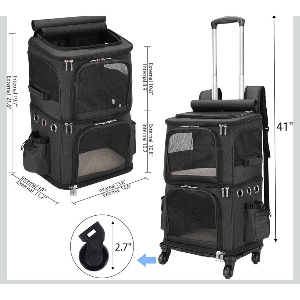Double-Compartment Pet Carrier Backpack with Wheels for Small Cats and Dogs, XL